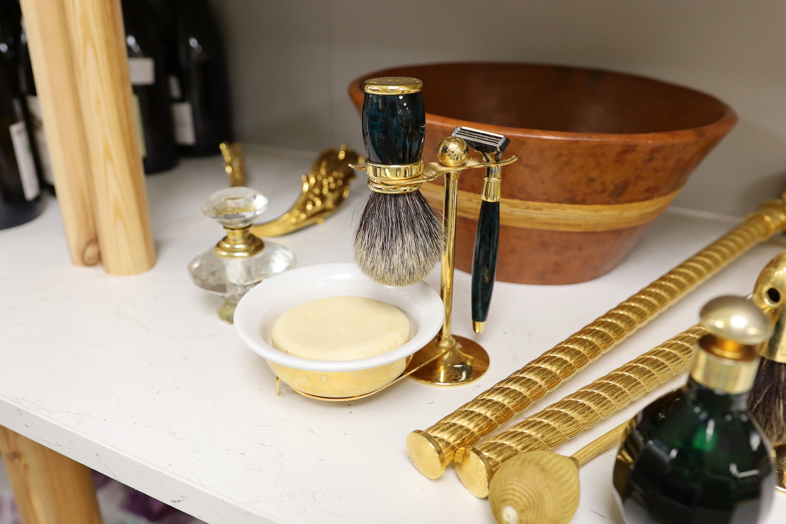 Harrods gold-plated bathroom fittings, Faberge atomiser, stylish shaving equipment, together with other decorative wares